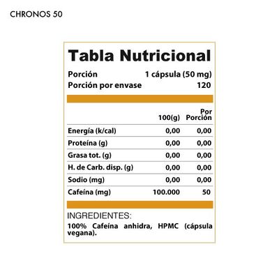 Imagen 2 del producto Cafeina anhidra Chronos 5.0 50 mg 120 cápsulas