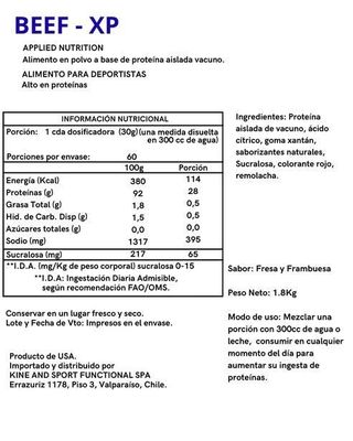 Imagen 2 del producto PROTEINA BEEF-XP 1.8KG 60 SERVICIOS STRAWBERRY & RASPBERRY - APPLIED NUTRITION