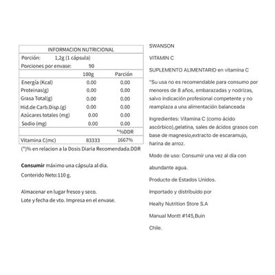 Imagen 2 del producto VITAMINA C CON ROSE HIPS 1000MG 90 CPS VEGANAS SWANSON