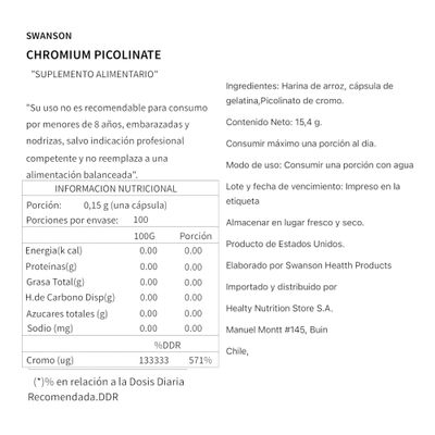 Imagen 2 del producto PICOLINATO DE CROMO 200MCG 100 CPS VEGANAS SWANSON