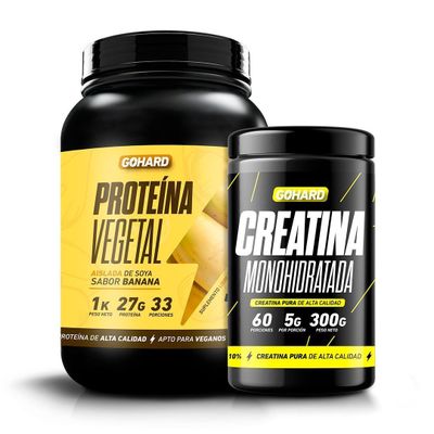 PACK PROTEÍNA VEGETAL BANANA + CREATINA MONOHIDRATADA 300GR SIN SABOR - GOHARD