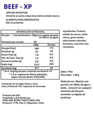 Imagen 2 del producto PROTEINA BEEF-XP 1.8KG 60 SERVICIOS MILLIONS PINEAPPLE - APPLIED NUTRITION