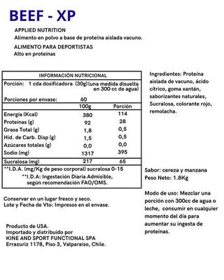 Imagen 2 del producto PROTEINA BEEF-XP 1.8KG 60 SERVICIOS CHERRY & APPLE - APPLIED NUTRITION