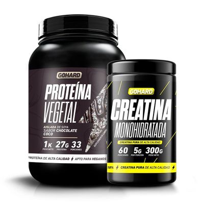 PACK PROTEÍNA VEGETAL CHOCOLATE COCO + CREATINA MONOHIDRATADA 300GR SIN SABOR - GOHARD