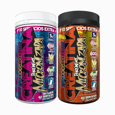 2 FRASCOS CREATINA MONOHIDRATO - 40 SERV C/U - Italo grottini - SIN SABOR Y NARANJA