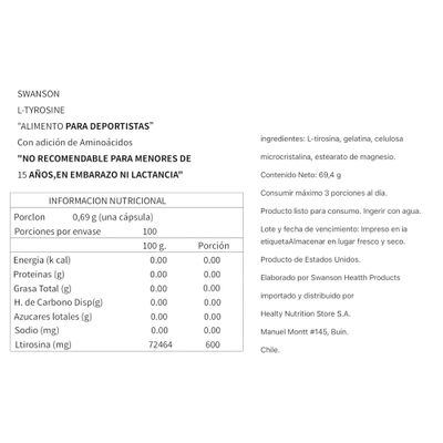 Imagen 2 del producto L TYROSINE 500MG 100 C PSULAS SWANSON