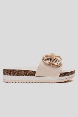 Sandalia Mujer Beige Flowers Chancleta