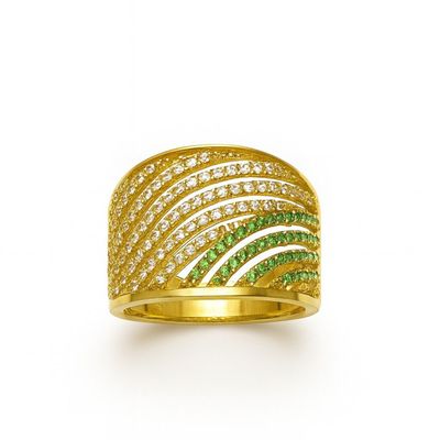 Anillo Oro Amarillo 18kt Ondas Circonitas-Esmeraldas
