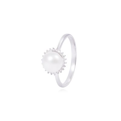 Anillo Oro Blanco 18kt Perla 6 - 8 mm Diamantes 10 Pts