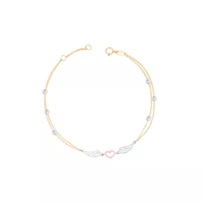 Pulsera Oro Bicolor 18kt Doble Cadena Corazón y Alas