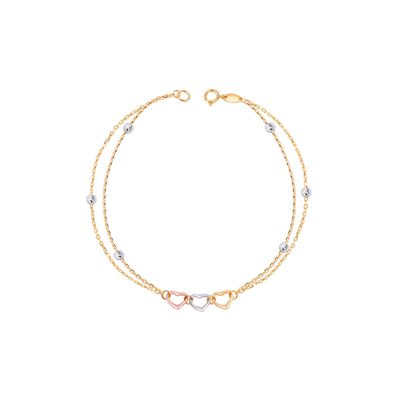 Pulsera de Oro 18kt Corazones Tricolores y Bolitas