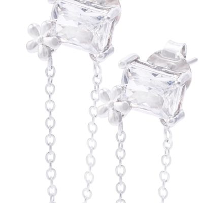 Imagen 2 del producto Aros Plata Esterlina Rectángulo Circonita y Cadena Colgante