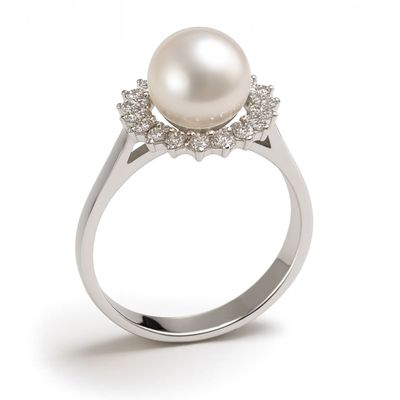 Anillo Oro Blanco 18kt Diamantes 20 Pts. Más Perla Cultivada