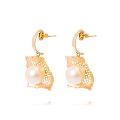 Aros Oro Amarillo 18kt Hoja y Perla Cultivada 10mm