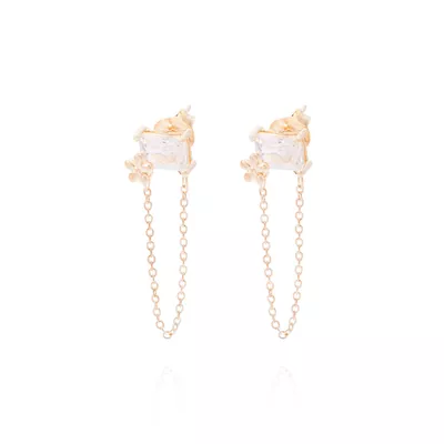 Aros Revestidos en Oro 18kt Rectángulo Circonita y Cadena