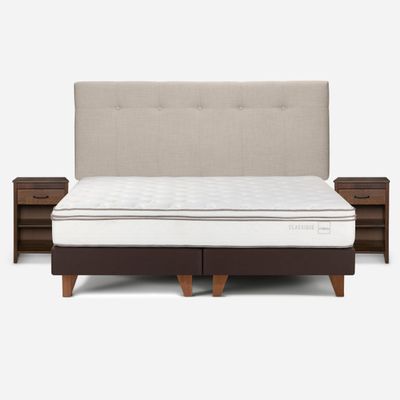 Cama Europea Classique+ 2 Plazas +Respaldo+Veladores Natural
