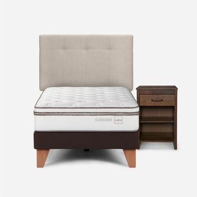 Cama Europea Classique+ 1,5 Plazas +Respaldo/Velador Natural