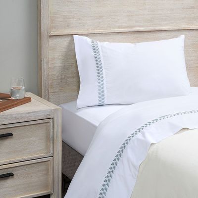 Sábana Rosen 220 Hilos Bordada Hoja Blanca 1,5 Plazas