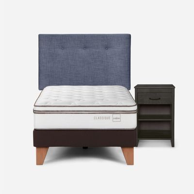 Cama Europea Classique+ 1,5 Plazas + Respaldo/Velador Denim
