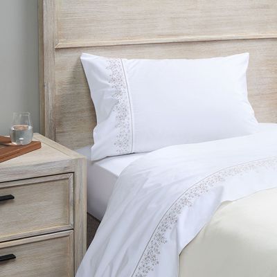 Sábana Rosen 220 Hilos Bordada Botánica Blanca 1,5 Plazas