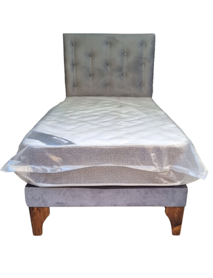 Cama Europea 1plaza Respaldo Gris Felpa Colchon Resorte Bonnell Marver