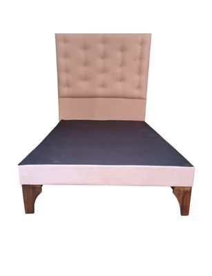 Base Cama Europea 1.5 plazas + Respaldo a Piso Rosa Pastel Felpa Botón Diamante