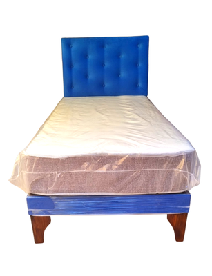 Cama Europea 1plaza Respaldo Azul Rey Felpa Colchon Resorte Bonnell Marver