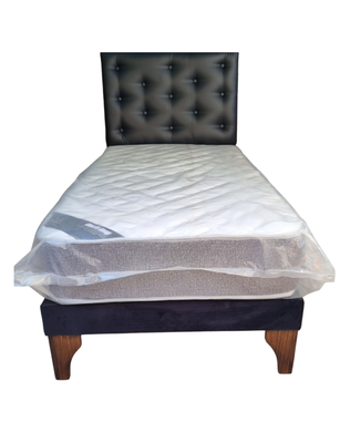 Cama Europea 1plaza Respaldo Negro cuero Pu Colchon Resorte Bonnell Marver