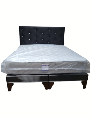 Cama Europea 2Plazas Negro Felpa Botón Diamante