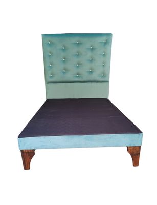 Base Cama Europea 1.5 plazas + Respaldo a Piso Turquesa Felpa Botón Diamante