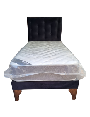 Cama Europea 1plaza Respaldo Negro Felpa Colchon Resorte Bonnell Marver