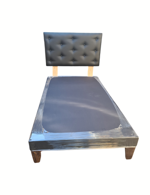 Base 1.5P + Respaldo Botone Negro Cuero Pu Muebles Rimar