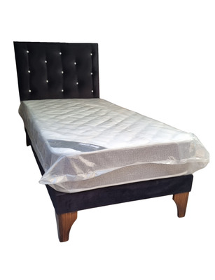 Imagen 2 del producto Cama Europea 1plaza Respaldo Negro Felpa Diamante Colchon Resorte Bonnell Marver 