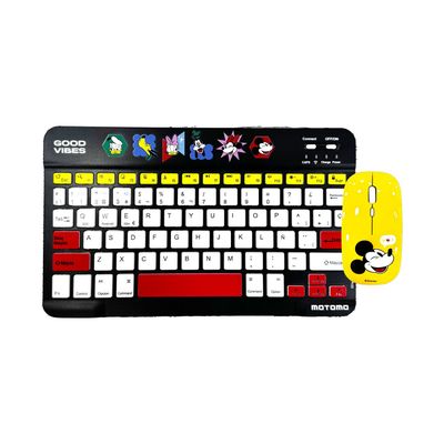 Kit Teclado y Mouse Inalámbrico Motomo Mickey Good Vibes, Bluetooth, Color Negro y Amarillo