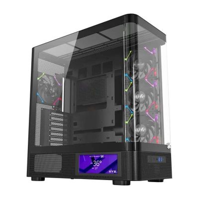 Gabinete Gamer XYZ Quantum PRO, Vidrio Curvado, Pantalla LCD, Incluye 4 Ventiladores ARGB, Negro