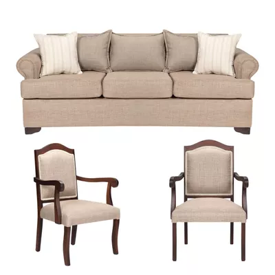 Juego de Living 311 Antonia beige sofa con resortes + 2 sitiales madera