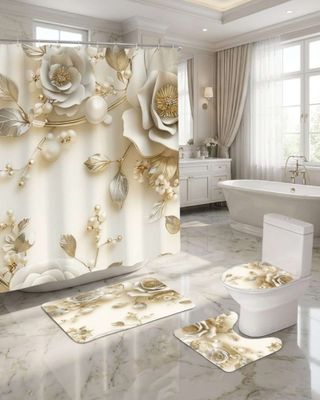 Imagen 2 del producto Juego 5 piezas con Cortina de baño de Tela Poliéster y  Forro de Ducha de Plástico J-3