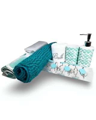 Juego Set de Baño 18 Piezas Cortina, Alfombra, Toalla y Jaboneras Doral A10