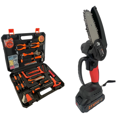 Pack Motosierra Podadora 4 Pulgadas 2 Baterías + Set De 150 Herramientas