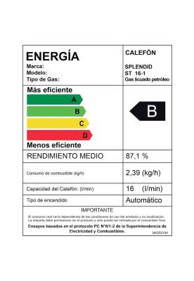 Imagen 2 del producto CALEFON SPLENDID GAS LICUADO 16L. IONIZADO