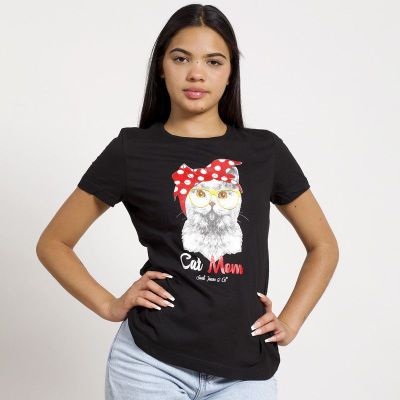 POLERA MANGA CORTA NEGRA ESTAMPADO GATITA