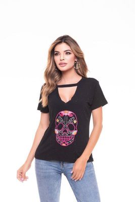 POLERA CHOKER BORDADA SKULL BLACK RC-2