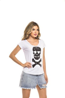 POLERA MC LENTEJUELA POISON SKULL WHITE RC-7