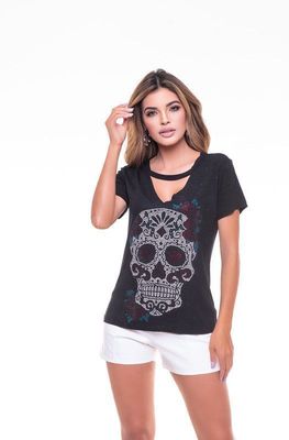 POLERA CHOKER PEDRERIA WOMAN SKULL BLACK RC-12