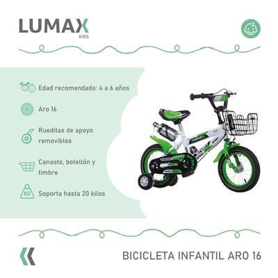 Imagen 2 del producto Bicicleta Infantil Lumax Aro 16 Verde Con Rueditas