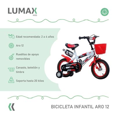 Imagen 2 del producto Bicicleta Infantil Lumax Aro 12 Rojo Con Rueditas