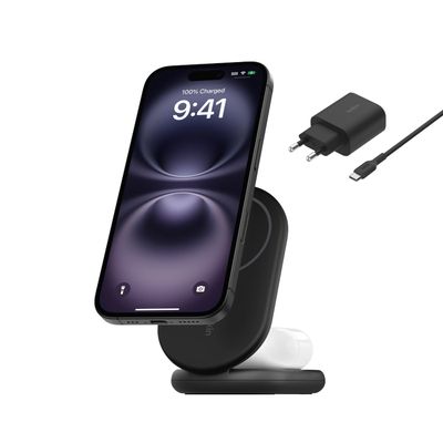 Base De Carga 2 En 1 Inalámbrica Plegable Qi2 Belkin Negra