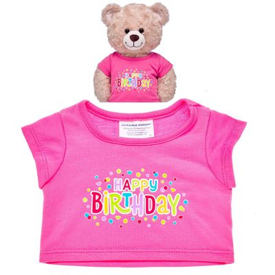 Polera cumpleaños rosada Build a Bear estampado feliz