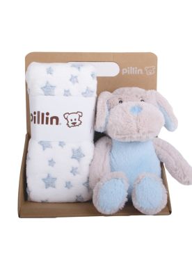 Set Peluche Manta Perro Bebé Niño Celeste Pillin