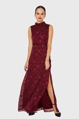 Vestido Largo Cuello Mock Burdeo Nicopoly